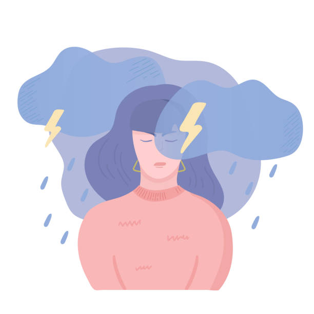 Depressed girl Sad unhappy girl, angry and stressed. Anger, stress and bad mood concept. Dark clouds, rain, lightning and thunderstorm above the woman head. Vector illustration, cartoon flat style. Sullen stock illustrations