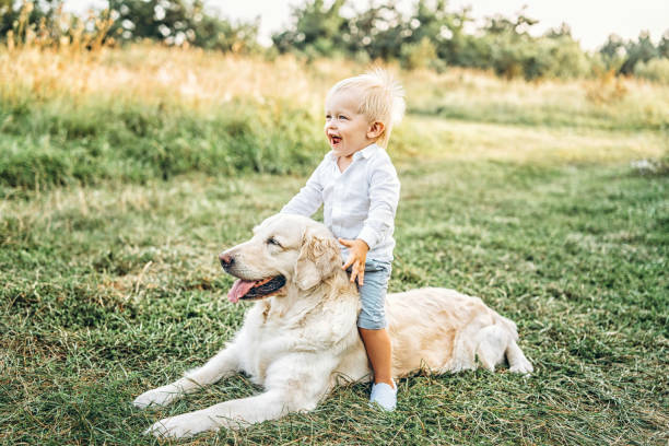 istock Pretty little baby boy have fun with dog 1041508448