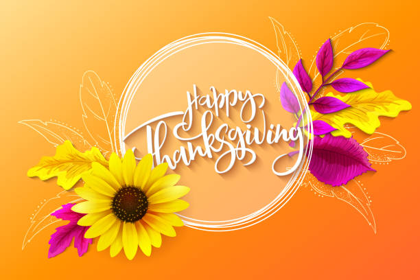 ilustrações de stock, clip art, desenhos animados e ícones de vector greeting thanksgiving banner with hand lettering label - happy thanksgiving - with autumn leaves and sunflower flowers and doodle feathers - 2333