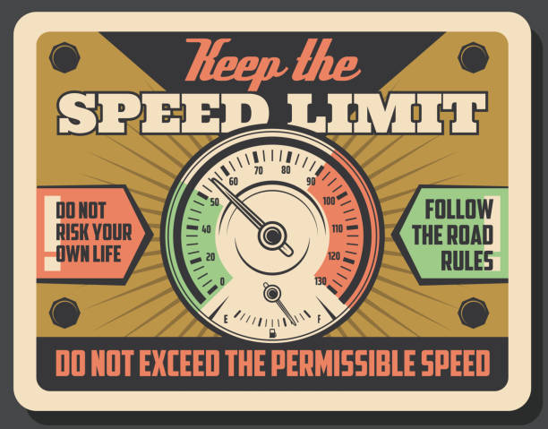 Road speed limit and car speedometer Car speedometer vintage banner, speed limit safety promotion. Drive safe and keep speed limit retro poster. Vector old safety warning signboard design vintage speedometer stock illustrations