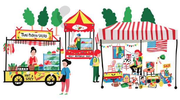 flea market People selling and shopping at flea market or marketplace : second hand shop, thai papaya salad and meatballs stalls, all in colorful doodle cartoon flat design, illustration, vector, white background suitcase luggage old fashioned obsolete stock illustrations