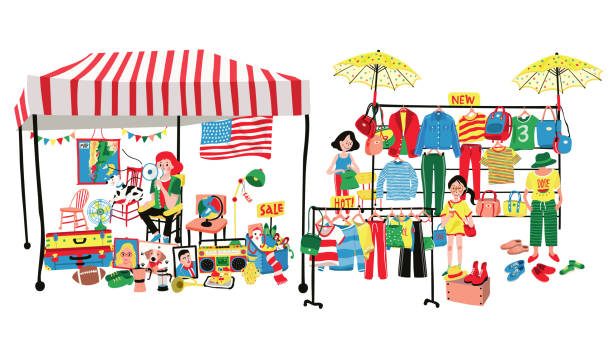flea market People selling and shopping at flea market or marketplace,having clothes and accessories vendor and second hand shop; all in flat colorful doodle cartoon design, white background, illustration, vector fashion bazaar stock illustrations