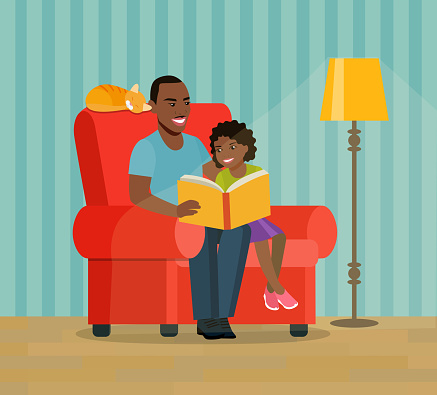 Afro american father and daughter are sitting in a chair.Father is reading a book to his daughter.  Vector flat style illustration