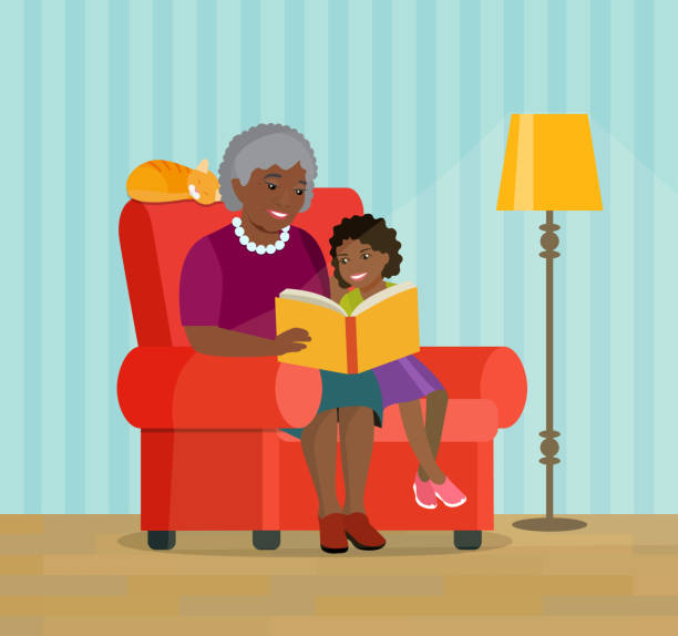 ilustrações de stock, clip art, desenhos animados e ícones de print - grandparent reading grandmother child