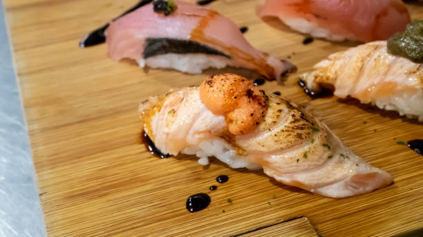 istock Japanese sushi set on wooden board in Japan restaurant. 1041574450