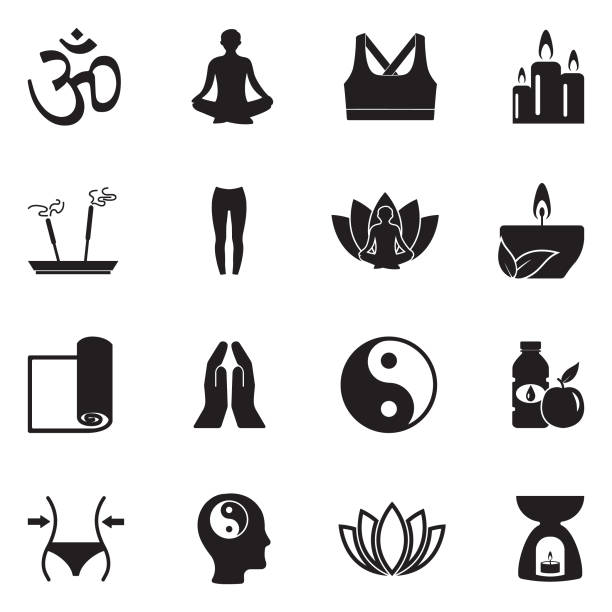 yoga-symbole. schwarze flache bauweise. vektor-illustration. - wellness kerzen stock-grafiken, -clipart, -cartoons und -symbole