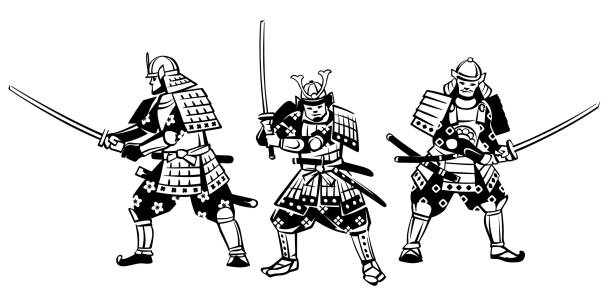 Group of samurai warriors vector art illustration
