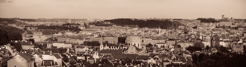 Prague skyline rooftop view with historical buildings panorama in Czech Republic.