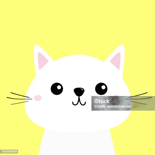 Visage Blanc Chat Chaton Bébé Drôle De Tête Moustaches Personnage De Dessin Animé Kawaii Mignon Joues Roses Modèle De Carte De Voeux Fond Jaune Design Plat Vecteurs libres de droits et plus d'images vectorielles de Chat domestique