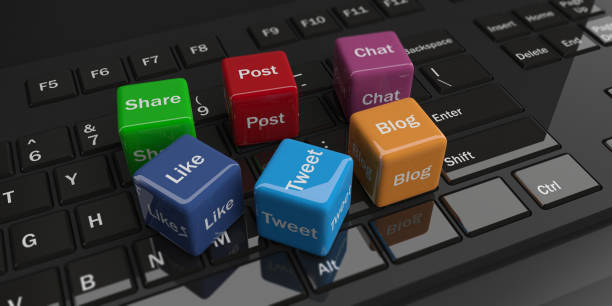 3d rendering cubes with social media words on a keyboard