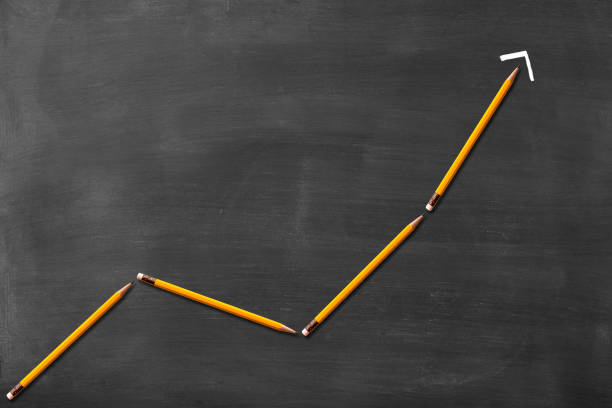 Line graph of four yellow pencils on blackboard.