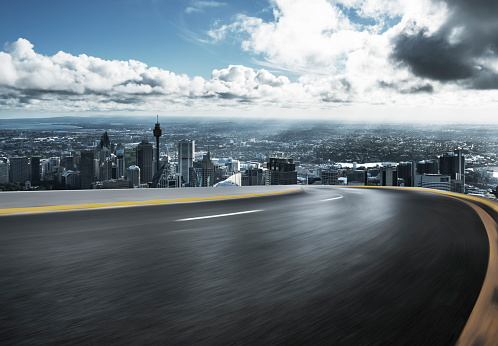 Elevated view of sydney cityscape and blurred motion road, New South Wales,Australia;.