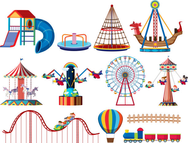 illustrazioni stock, clip art, cartoni animati e icone di tendenza di una serie di giostre a tema - ferris wheel