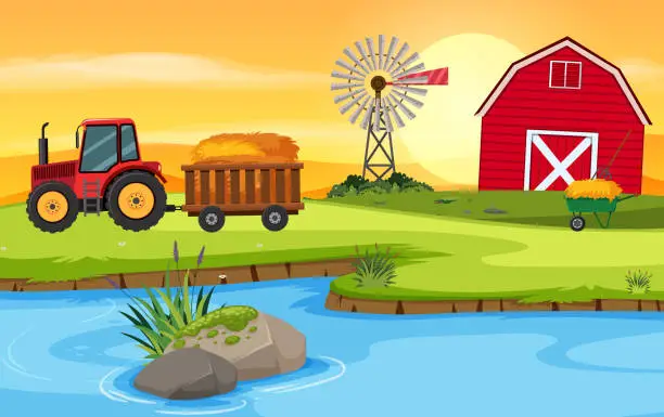 Vector illustration of Farm scene with barn and tractor