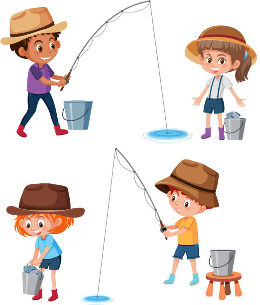 satz von kindern angeln - fishing hut stock-grafiken, -clipart, -cartoons und -symbole