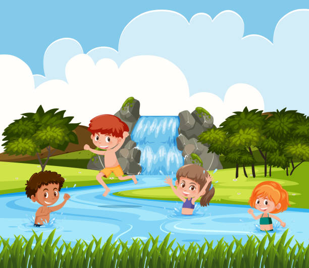 ilustrações de stock, clip art, desenhos animados e ícones de children playing at waterfall - waterfall cartoon tropical rainforest vector