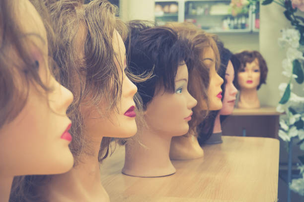 istock Wigs on mannequin heads in a row. 1041627710