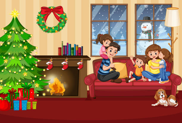 ilustraciones, imágenes clip art, dibujos animados e iconos de stock de una familia feliz en la casa en navidad - christmas tree family winter art