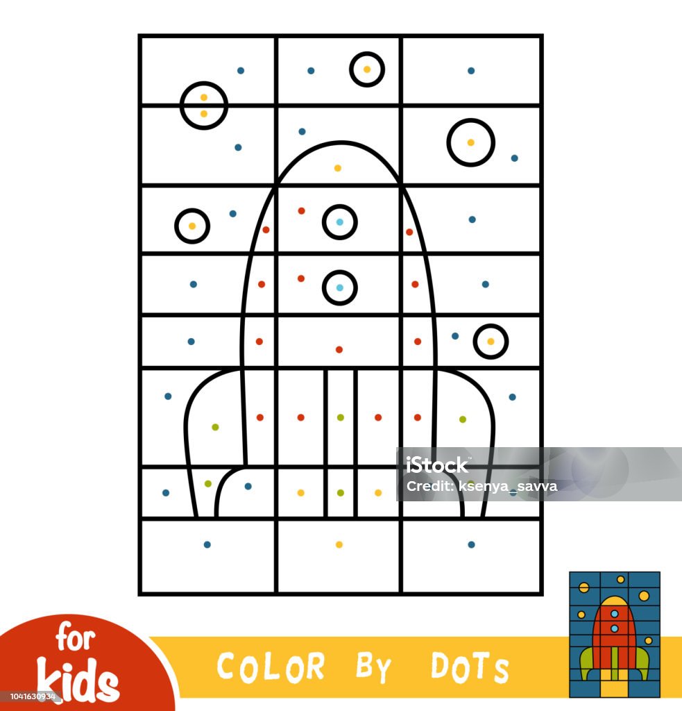 Color by dots, game for children, Spaceship Color by dots, education game for children, Spaceship Outer Space stock vector