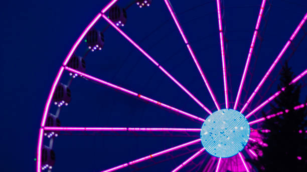 ruota panoramica pinklight su sfondo blu scuro e con un albero nella parte anteriore - ferris wheel wheel night neon light foto e immagini stock