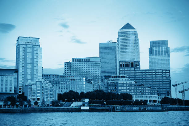 Canary Wharf business district in London black and white.