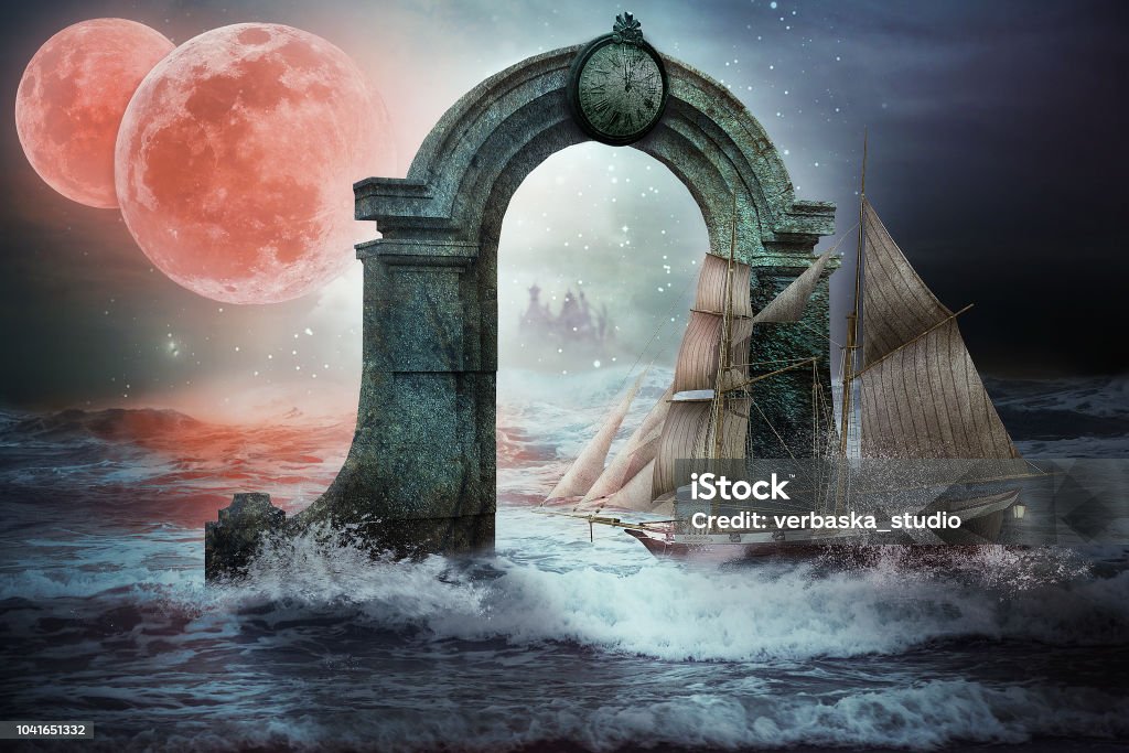 Time portal in the stormy sea Lonely schooner sails through rough sea toward stone arch mounting out of the sea. The clock on top of the arch shows midnight. The other world of two red large moons is seen behind the arch. There are some tall structures like a city seen in the mist. Door Stock Photo