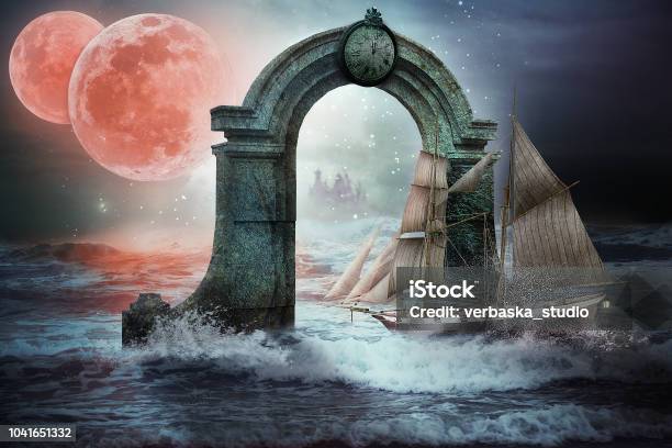 Time Portal In The Stormy Sea Stock Photo - Download Image Now - Door, Fantasy, Moon