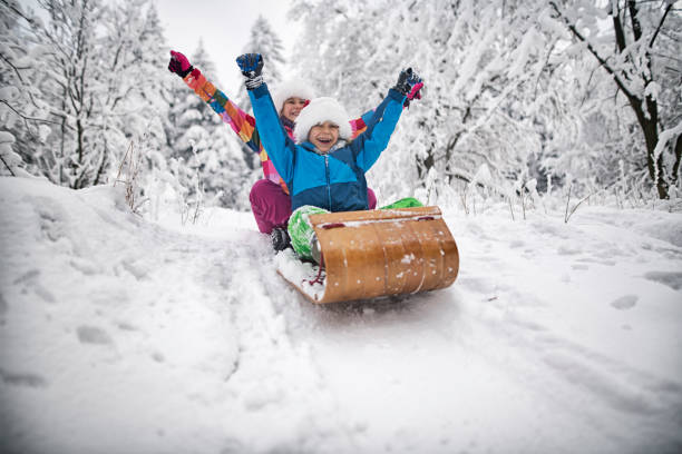 Little boy and his elder sister are tobogganing in forest on Christmas. Kids are 12 and 8 years old.  Cold winter day.\nShot with Nikon D850