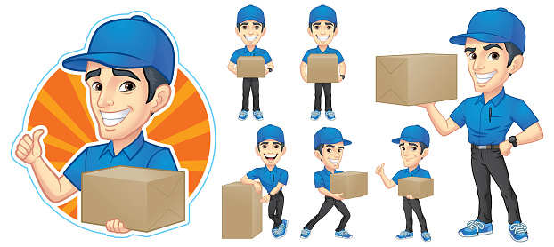 Courier Young Man Character Set with 6 Poses_Vector Illustration EPS 10