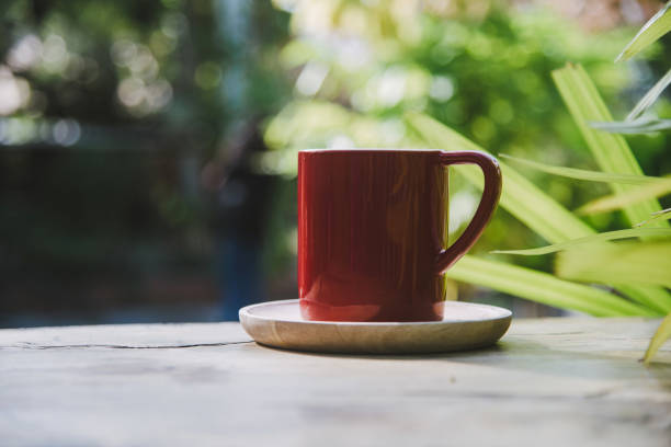 istock coffee cup on wooden table in garden. 1041657446