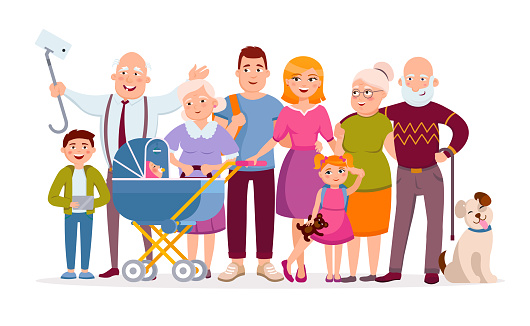 Big Family Standing Together As A Family Portrait Cartoon Characters In  Vector Flat Design Mother Father Children Baby Grandparents Pet Huge Set Of  Cartoon People Adult And Young Isolated Stock Illustration -