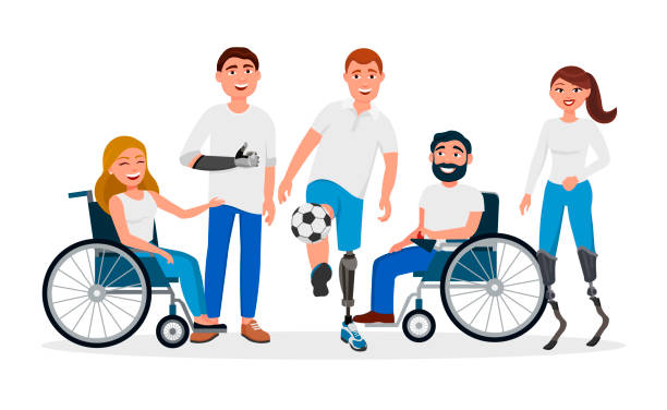 Disabled people with disabilities and prosthesis, people on wheelchairs, High-Tech Running Prosthetics, Prosthetic Hand vector flat illustration. Men and women with incapabilities Cartoon characters Disabled people with disabilities and prosthesis, people on wheelchairs, High-Tech Running Prosthetics, Prosthetic Hand vector flat illustration. Men and women with incapabilities Cartoon characters. hightech stock illustrations