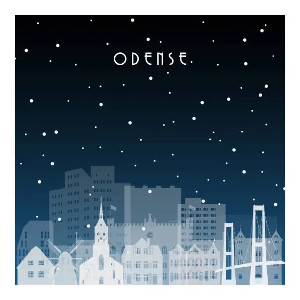 Vector illustration of Winter night in Odense. Night city in flat style for banner, poster, illustration, background.