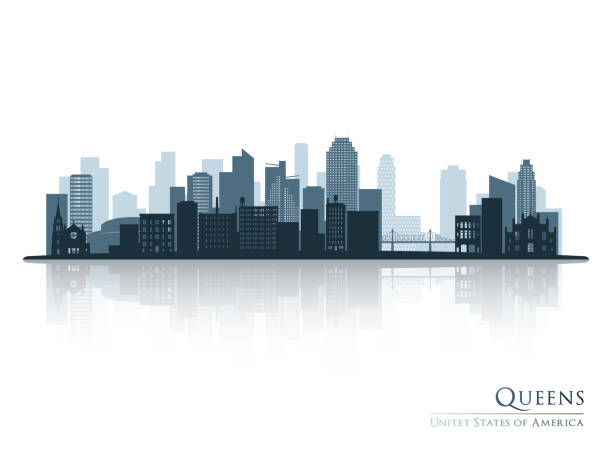 illustrazioni stock, clip art, cartoni animati e icone di tendenza di queens, silhouette skyline blu di new york con riflesso. illustrazione vettoriale. - queens