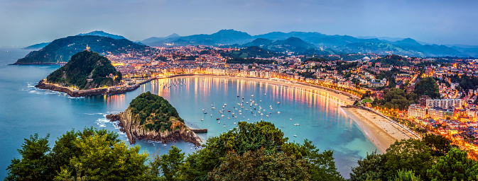 View of Donosti San Sebastian at Dusk from Monte Igueldo. Basque Country. Spain