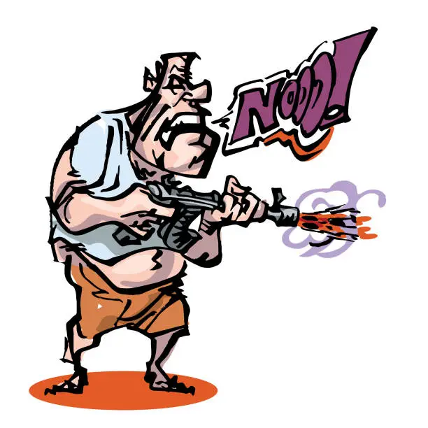 Vector illustration of Shouting man with a machine gun, cartoon