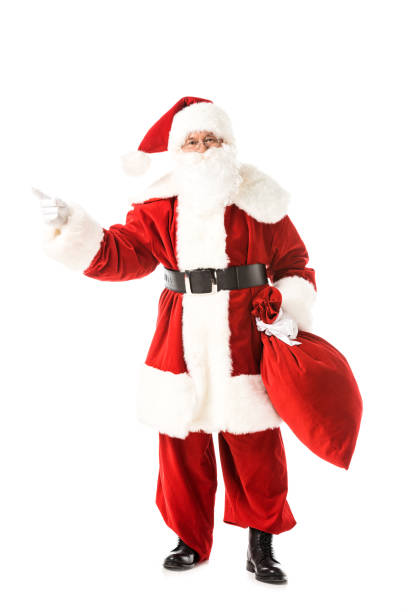istock santa claus holding sack and pointing away while looking at camera isolated on white 1041680084