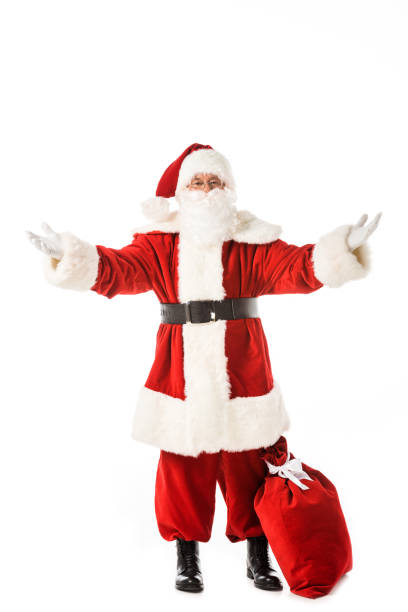 istock emotional santa claus with sack gesturing with hands isolated on white 1041680134