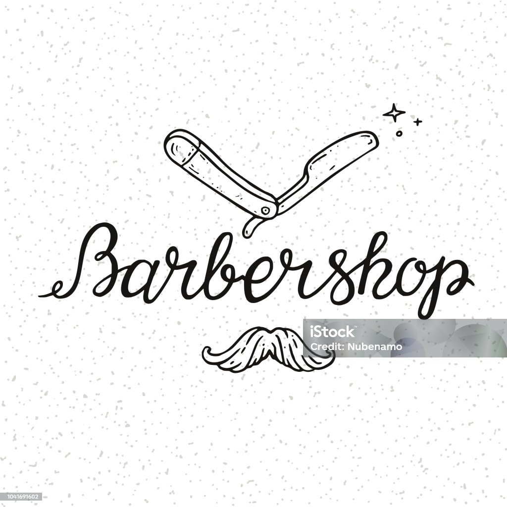 Barbershop Hand Drawn Lettering Logo. Vintage Style Hairdressing Salon Signboard. Handwritten Modern Brush Lettering Made With Ink. Isolated Vector Clipart On White Background. Barbershop handwritten lettering & barber salon symbols on grainy background. Modern brush calligraphic logo for signboard, ads, postcard, invitation, banner, poster, flyer templates. Isolated vector. Adult stock vector