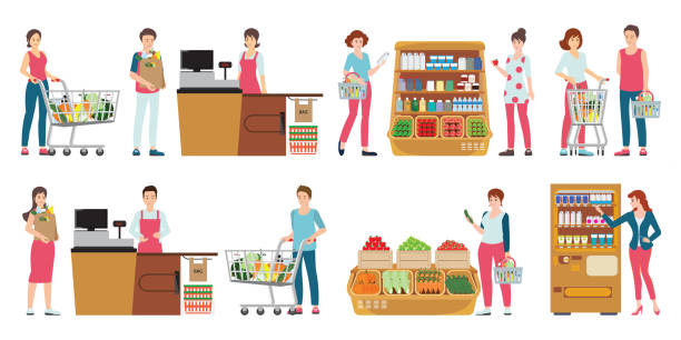 Customer and cashier in supermarket isolated on white. Customer and cashier in supermarket isolated on white, people shopping at grocery store, character cartoon Vector illustration. groceries illustrations stock illustrations
