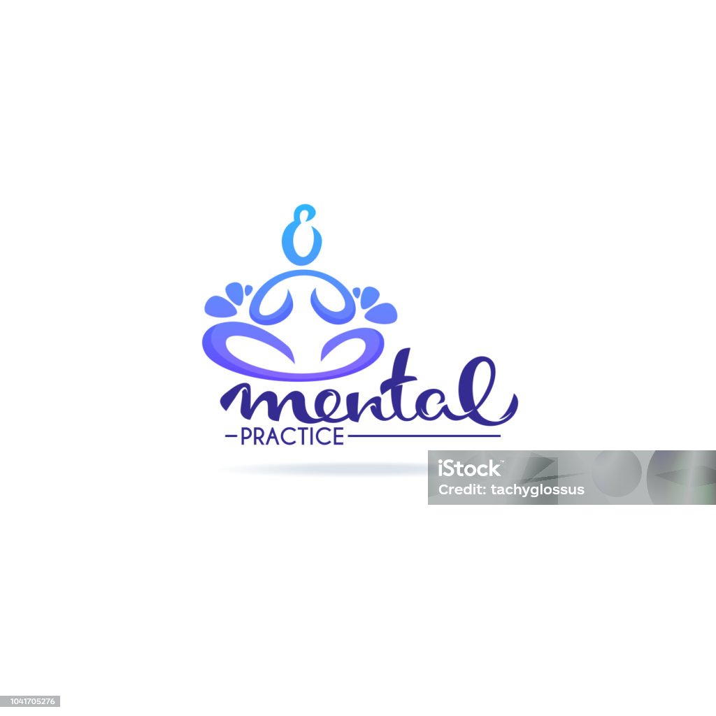 Mental Practice, lettering composition and human body in yoga pose in doodle style for your logo, label, emblem Logo stock vector