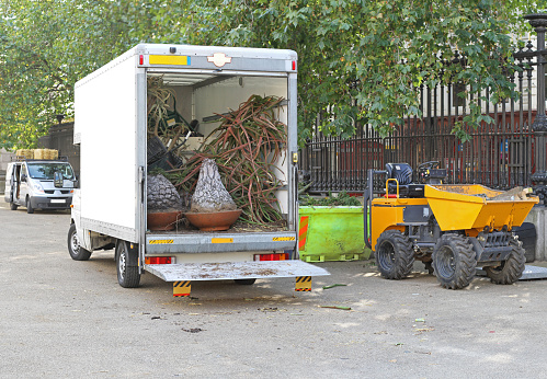 Skip Loading Dumper and Truck Loaded With Plants