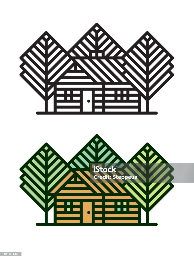 log cabin vector line icon Cabin among trees. Files included: Vector EPS 10, HD JPEG 3000 x 4000 px Wood - Material stock vector