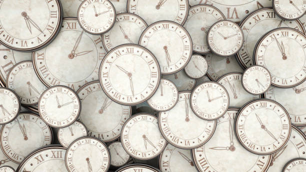 concepto de tiempo, montón de relojes 3d render - reloj antiguo fotografías e imágenes de stock