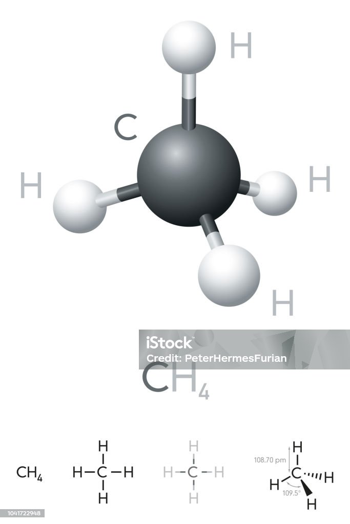 Methane, CH4, molecule model and chemical formula Methane, CH4, molecule model and chemical formula. Chemical compound. Marsh gas. Natural gas. Ball-and-stick model, geometric structure and structural formula. Illustration on white background. Vector Methane stock vector