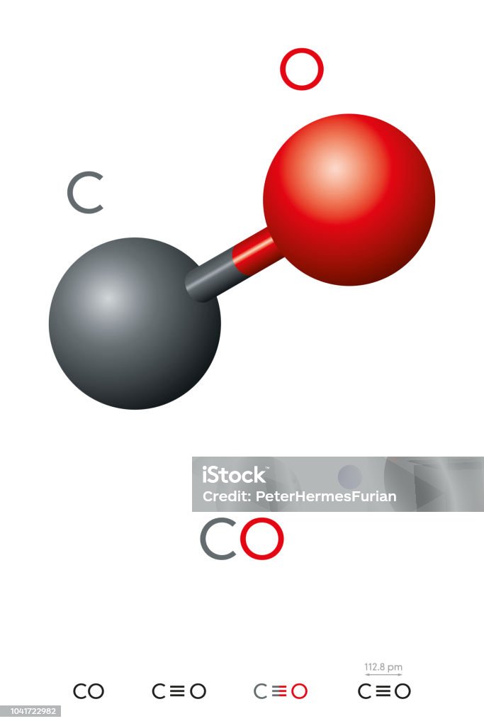 Carbon monoxide, CO, molecule model and chemical formula Carbon monoxide, CO, molecule model and chemical formula. Toxic gas and less dense than air. Ball-and-stick model, geometric structure and structural formula. Illustration on white background. Vector. Carbon Monoxide stock vector