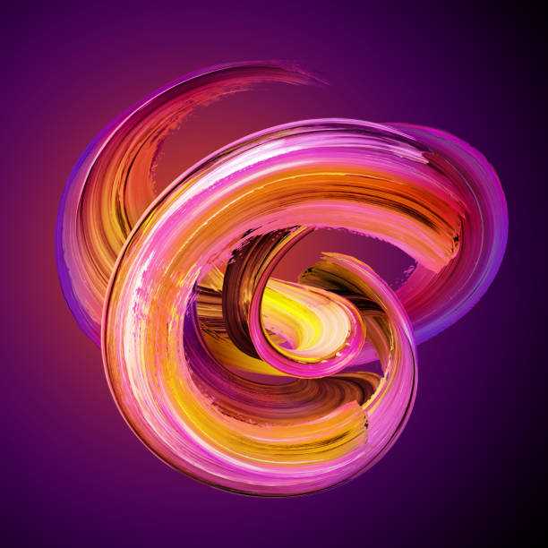 3d render, abstract brush stroke, artistic smear, bright paint smear, splash, splatter, colorful curl, spiral, yellow red vortex, vivid ribbon on purple background