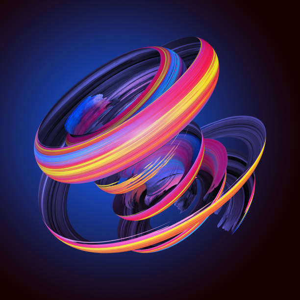 3d render, abstract twisted brush stroke, artistic smear, bright paint smear, splash, splatter, colorful curl, spiral, violet vortex, vivid ribbon on dark blue background