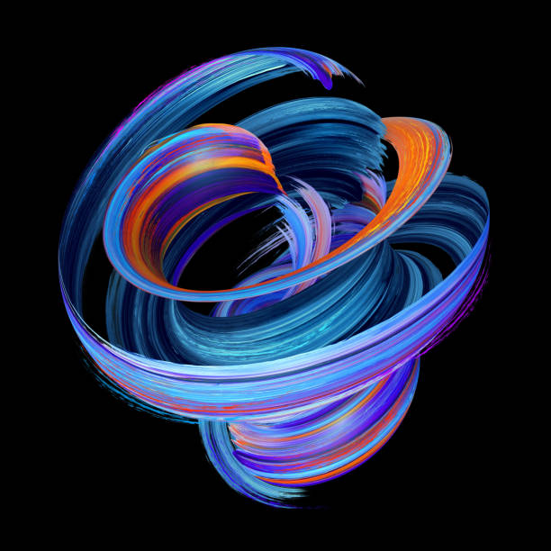 3d render, abstract twisted brush stroke, paint splash, splatter, colorful curl, artistic spiral, blue vortex, vivid ribbon on black background
