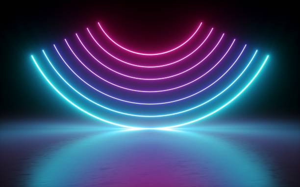 istock 3d render, abstract background, neon lights, glowing lines, round curves, arch, virtual reality, pink blue spectrum vibrant colors, laser show 1041731154
